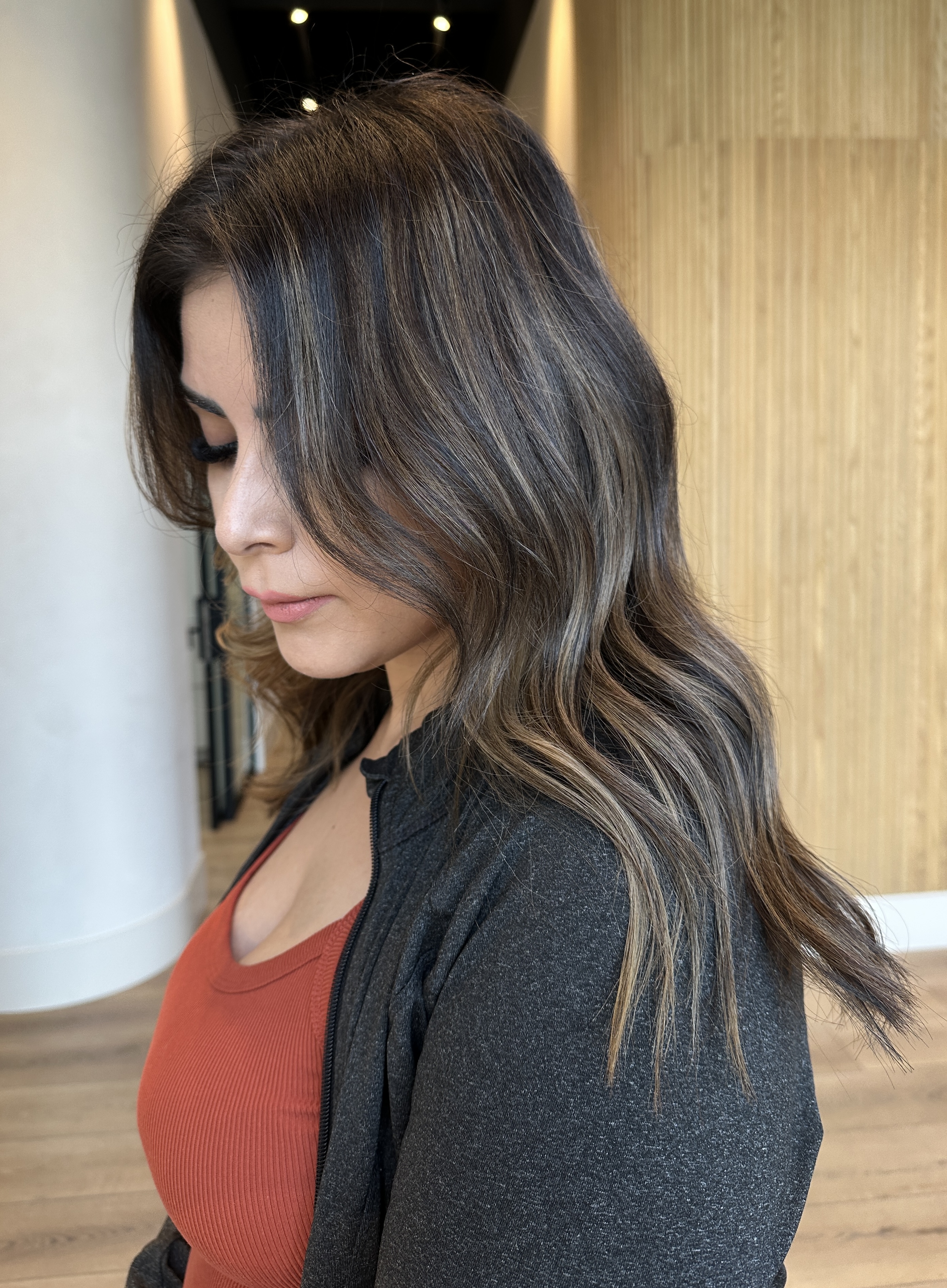 Seamless hand-painted balayage on brunette hair — Likha Studio, Fontana CA