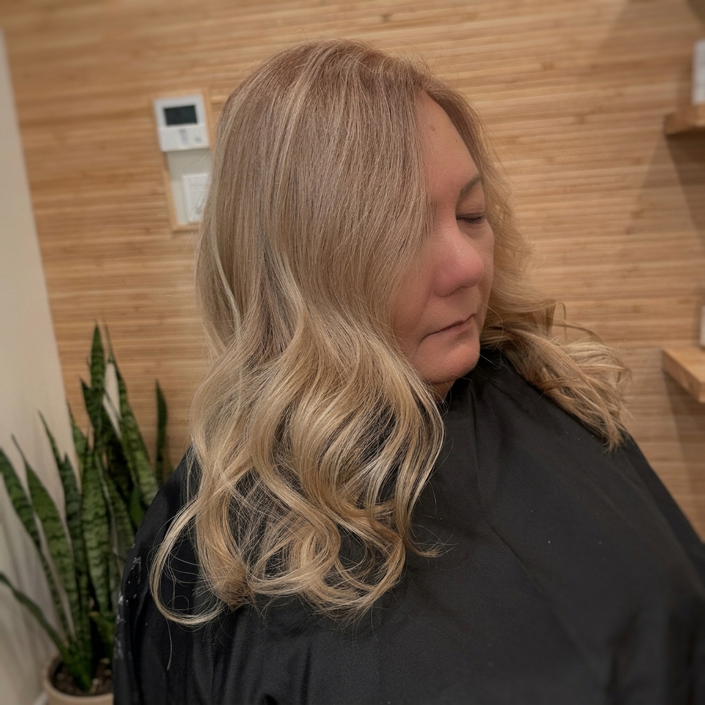 Buttery blonde highlights with bouncy curled ends, in-salon blowout finish — cruelty-free blonding near Riverside, Likha Studio Fontana CA