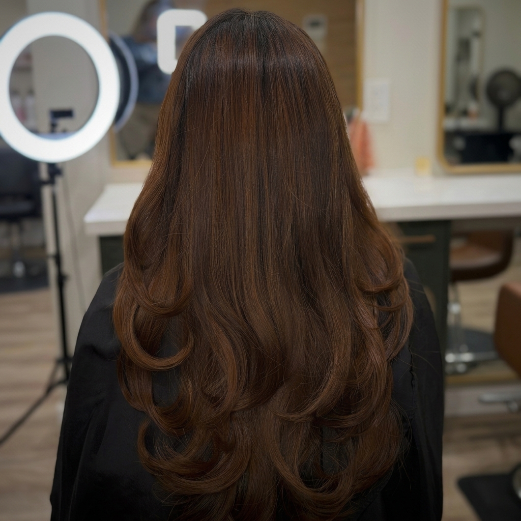 Back view of long layered haircut with voluminous curled ends on rich brunette hair — precision cutting near Colton & Bloomington, Likha Studio Fontana CA